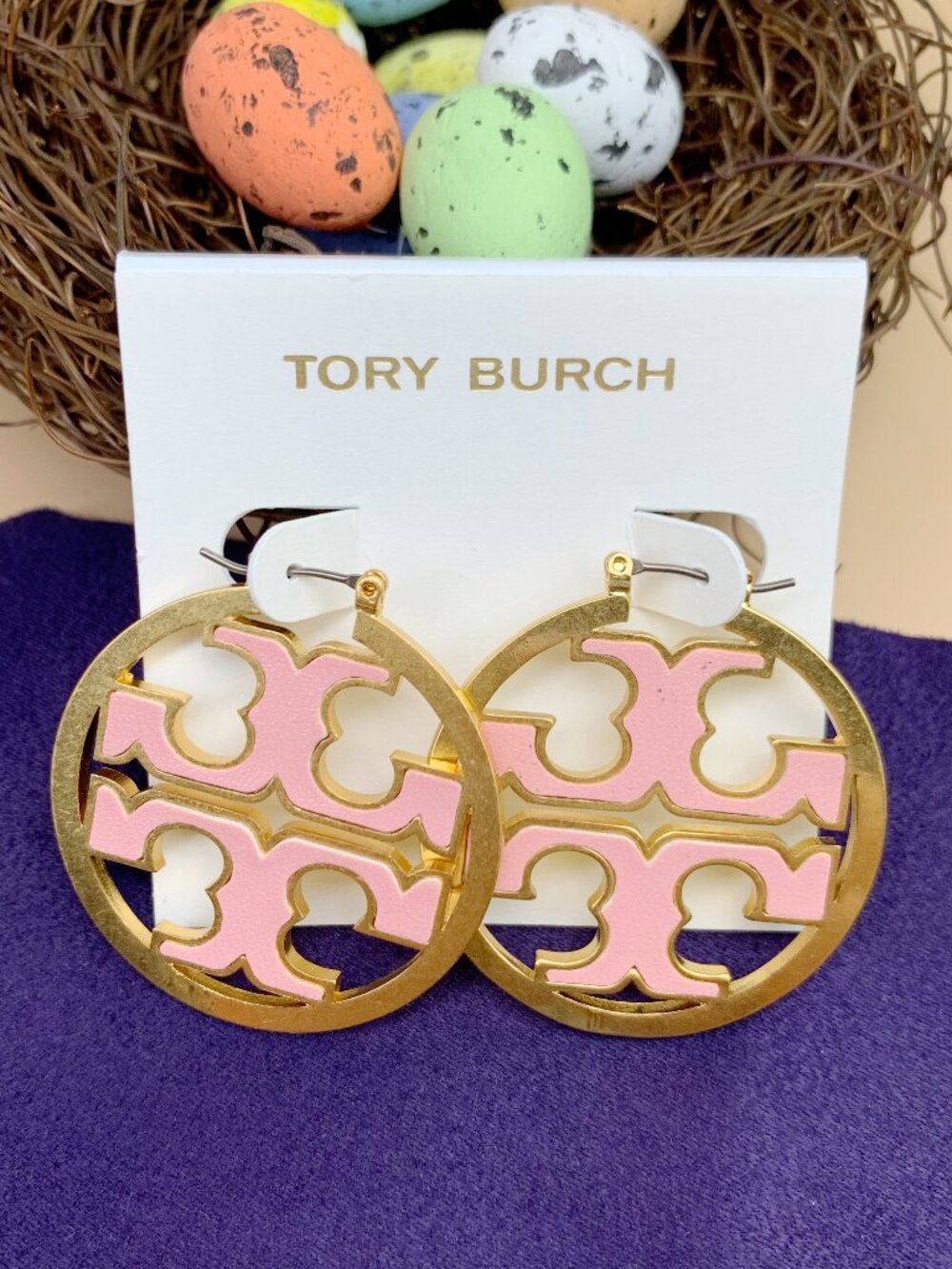 Tory Burch Miller Hoop Earrings in Gold Enamel Inlay Vachetta